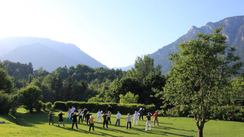 TaiChi im Garten, © Daniel Fischer Gruppe von Menschen macht Tai Chi auf einer Wiese vor Bergkulisse.