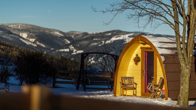 Waldnester, © Wiener Alpen /Christian Kremsl Kleines Holzhaus im Schnee mit Berglandschaft im Hintergrund.