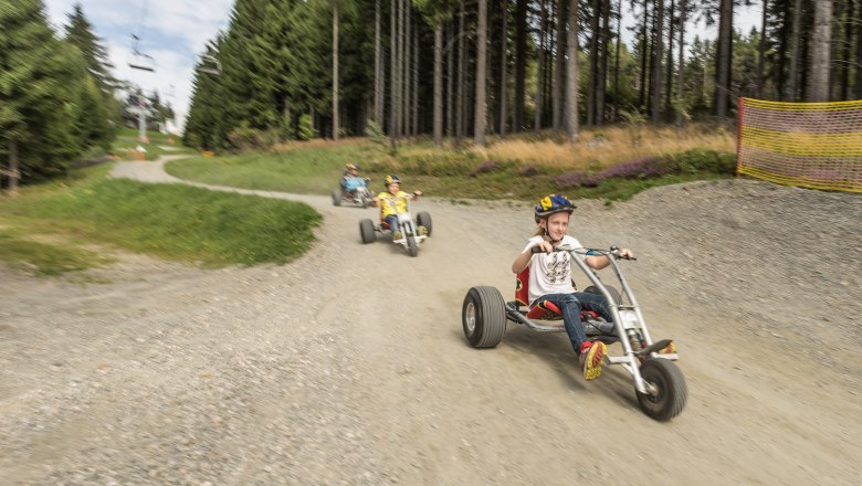 Mountaincarts auf der Erlebnisalm Mönichkirchen, © Erlebnisalm Mönichkirchen_Martin Fülöp Kinder fahren auf Mountaincarts einen Weg entlang.