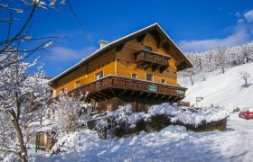 Almbauer Morgenbesser im Winter, © Familie Morgenbesser Ein Holzhaus im Schnee mit blauem Himmel im Hintergrund.