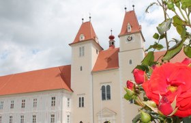 Frontansicht eines Stiftes mit zwei T&uuml;rmen, mit roten Rosen im Vordergrund.