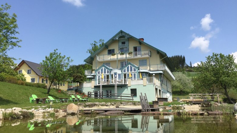 Das Leitner - Narnhoferwirt, © Karin Leitner Ein großes, gelbes Haus mit blauen Akzenten spiegelt sich in einem Teich. Im Vordergrund sind grüne Liegestühle und Bäume zu sehen.