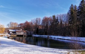 Ein Naturteich mit klarem Wasser, umgeben von schneebedecktem Boden und B&auml;umen im Hintergrund.