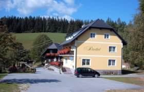 Gelbes Gebäude mit der Aufschrift 'Dirndlhof' in ländlicher Umgebung.