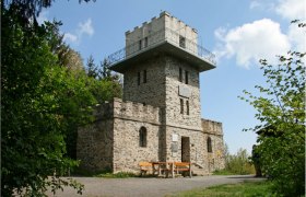Steinerner Aussichtsturm mit Zinnen und Aussichtsplattform, umgeben von B&auml;umen.