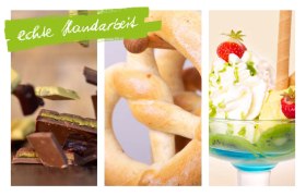 Drei Bilder: Schokoladestücke, Brezel und Eisbecher mit Früchten.