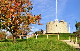Ein runder Steinturm mit einer Fahne auf einem H&uuml;gel, umgeben von gr&uuml;nem Gras und einem Baum mit Herbstlaub.