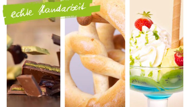 Drei Bilder: Schokoladestücke, Brezel und Eisbecher mit Früchten.