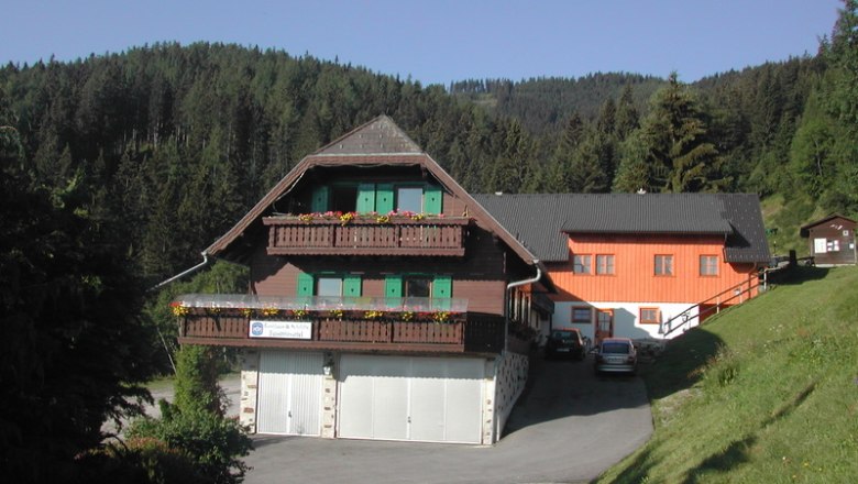 Ein traditionelles Gasthaus mit Holzbalkonen und gr&uuml;nen Fensterl&auml;den vor einem bewaldeten H&uuml;gel.
