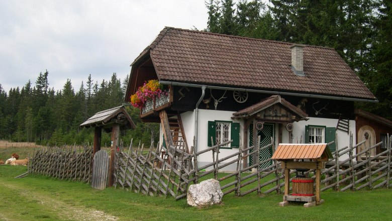 Hagyom&aacute;nyos hegyi kunyh&oacute; faker&iacute;t&eacute;ssel &eacute;s vir&aacute;gl&aacute;d&aacute;val, erdővel k&ouml;r&uuml;lv&eacute;ve.