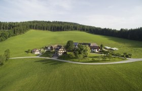 Luftaufnahme eines Bauernhofs in einer grünen Landschaft mit Wäldern im Hintergrund.