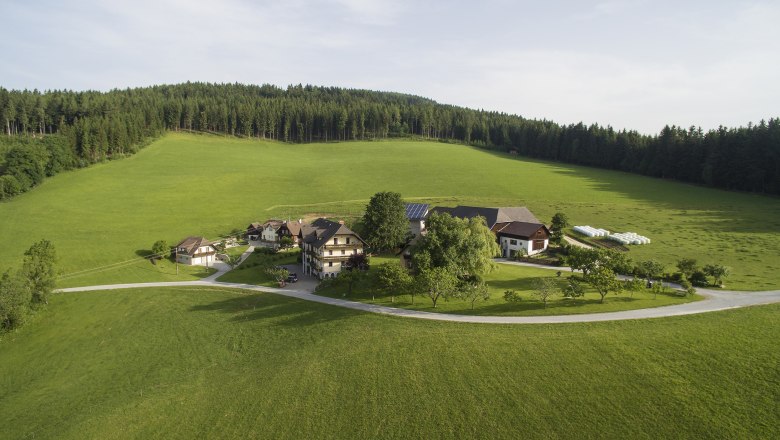 Luftaufnahme eines Bauernhofs in einer grünen Landschaft mit Wäldern im Hintergrund.