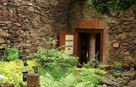 Eingang zu einem Laden in einem Steinhaus durch einem Garten mit Kräutern und Pflanzen.