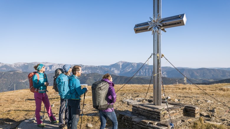 Gruppe von Wanderern steht neben einem Gipfelkreuz in den Bergen.
