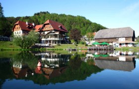 Ein Gasthof am See mit rotem Dach und Terrasse, umgeben von Bäumen, spiegelt sich im Teich davor wider.