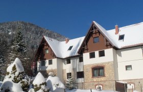 Schneebedeckte Villa Wellspacher vor einem bewaldeten Berg im Winter.