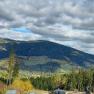 Panoramablick auf eine h&uuml;gelige Landschaft mit W&auml;ldern und Feldern unter einem bew&ouml;lkten Himmel.