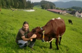 Ein Mann kniet auf einer gr&uuml;nen Wiese und streichelt eine braune Kuh.
