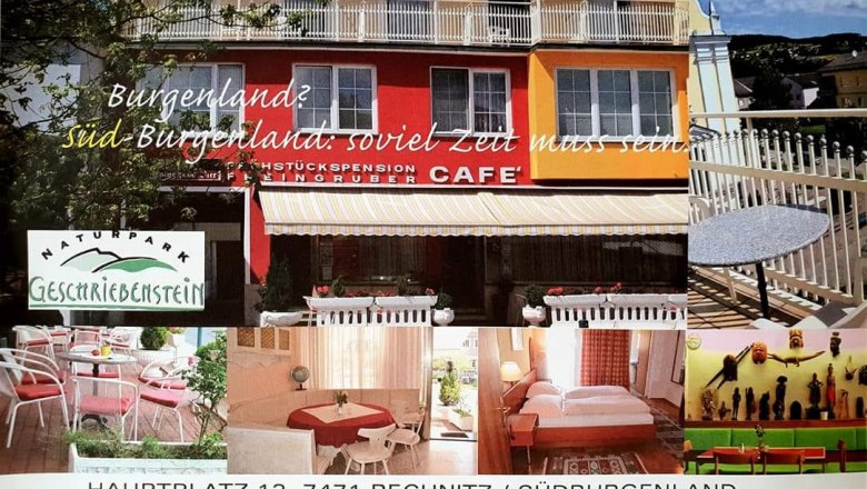 Ansichtskarte der Frühstückspension mit mehreren Bildern.