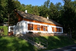 Keresztkúti Erdei Pihenöhely Appartement, © Keresztkúti Erdei Pihenöhely Appartement Ein weißes Haus mit Holzfensterläden in einem Waldgebiet.