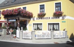 Außenansicht eines gelben Hotels mit Blumen und der Aufschrift 'Schwarzer Adler'.