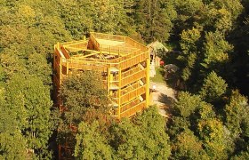 Holzturm inmitten eines Waldes aus der Vogelperspektive.