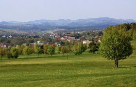 Landschaft mit grünen Wiesen, Bäumen und einem Dorf im Hintergrund vor Hügeln.