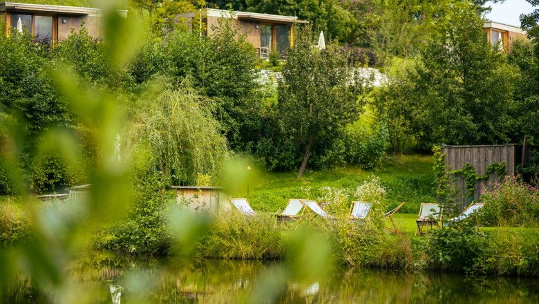 Ein ruhiger Garten mit Liegest&uuml;hlen am Teich, umgeben von B&auml;umen und gr&uuml;ner Vegetation.