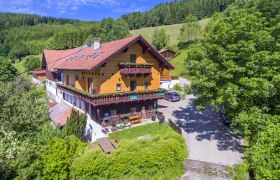 Ein traditionelles Holzhaus in einer gr&uuml;nen, h&uuml;geligen Landschaft mit B&auml;umen und einem blauen Himmel.